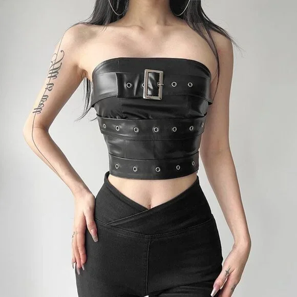 Punk Rock Buckle Up Bustier Top Sz L Stretchy Black Faux Leather Gothic Grommets - Picture 2 of 7